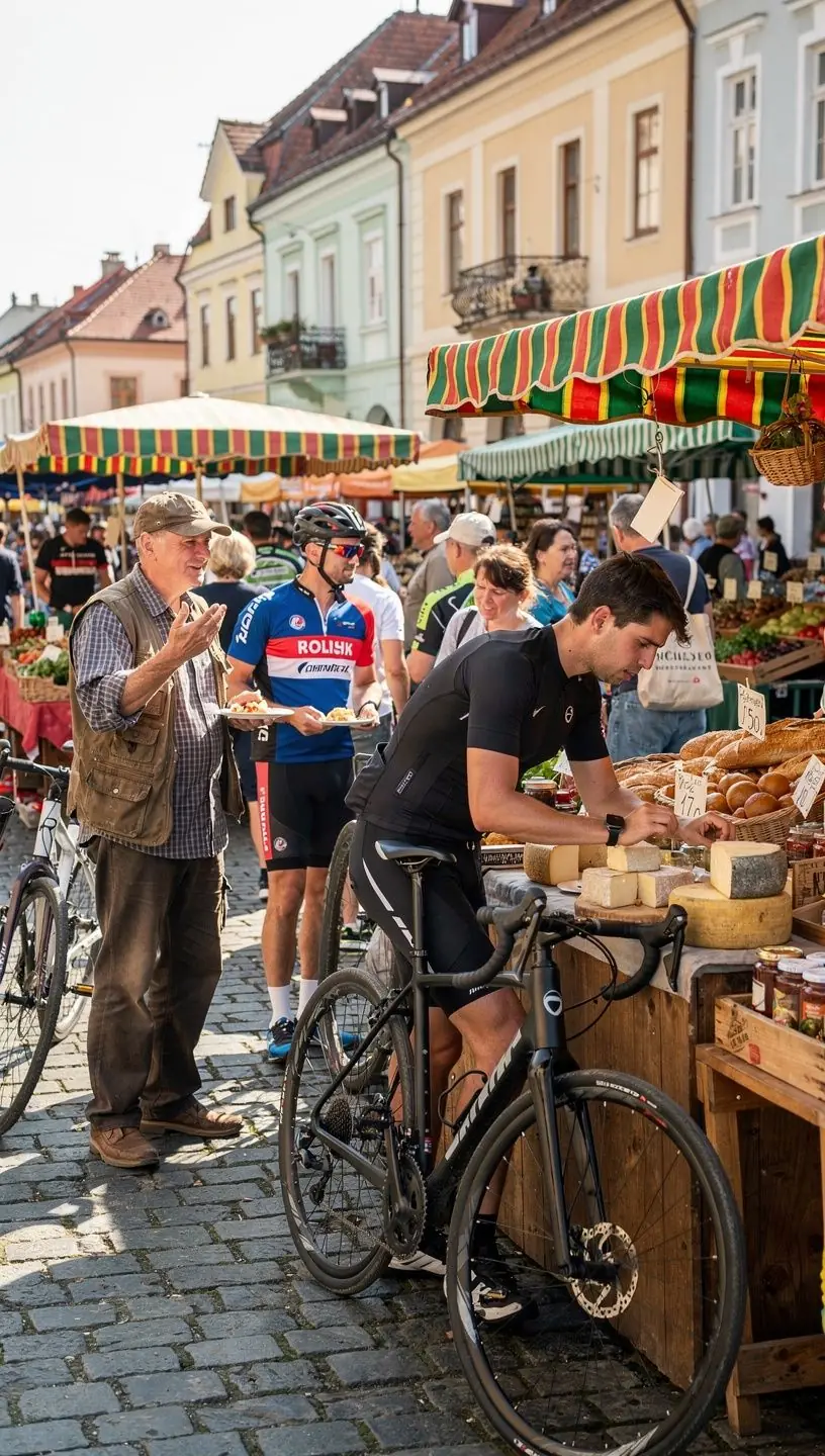 Skupina cyklistov na pohodovej jazde po asfaltovej ceste obklopenej zelenými lúkami a riekou.