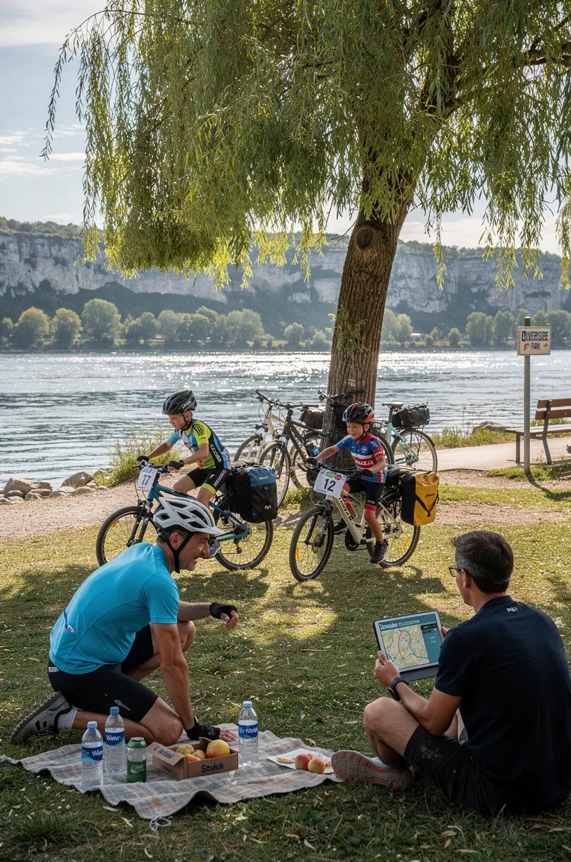 Pohľad na informačnú tabuľu s popisom trasy, vzdialeností a bezpečnostných pokynov pre cyklistov.